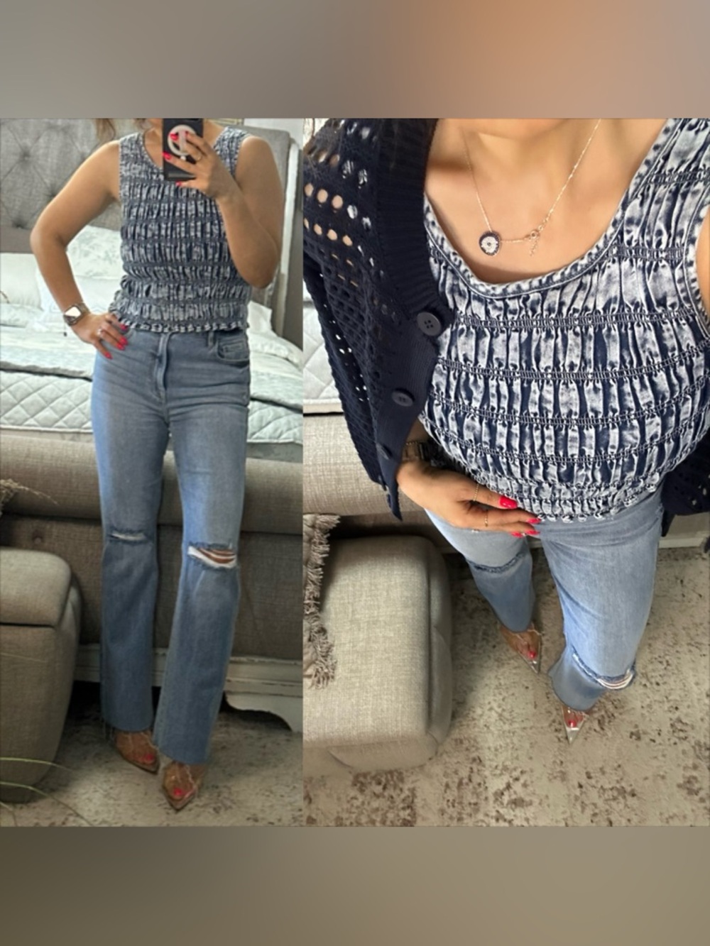 New✨ Cloud Wash Smocked Top – Soft Stretch Denim Look and front